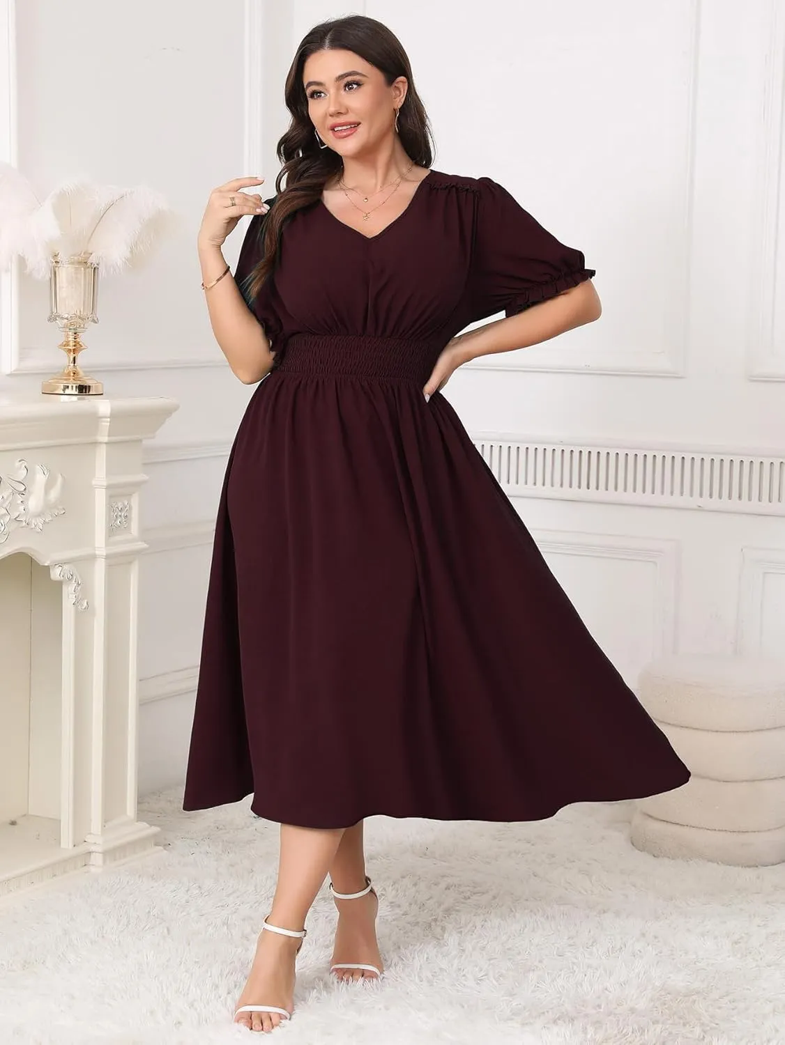 Women's Plus Size Midi Dress Short Sleeve V Neck Smocked Flowy A-Line Boho Wedding Party Dresses