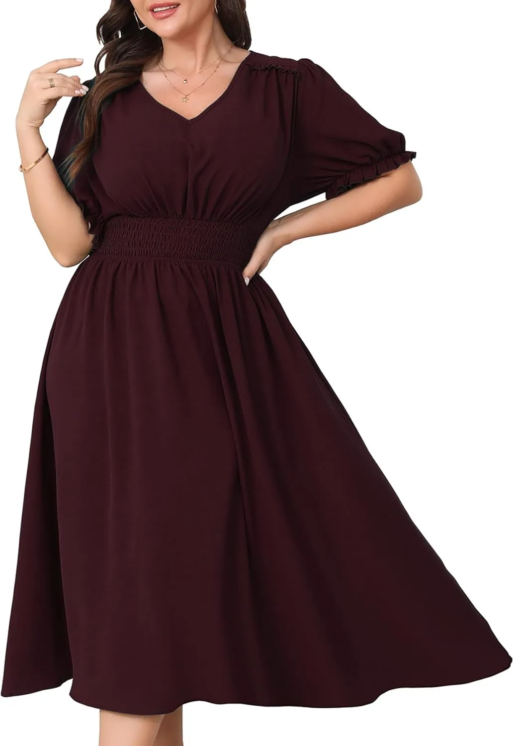 Women's Plus Size Midi Dress Short Sleeve V Neck Smocked Flowy A-Line Boho Wedding Party Dresses