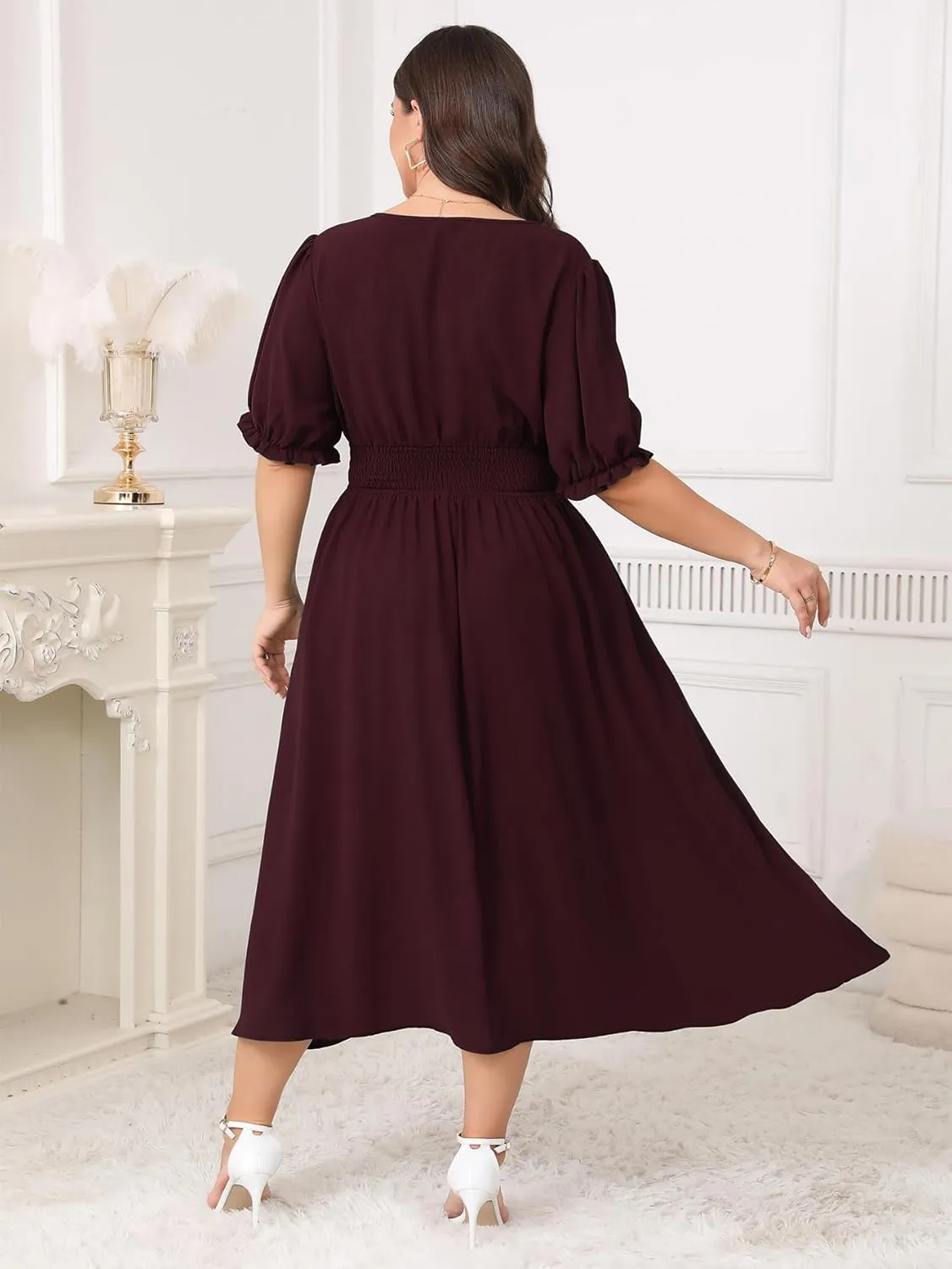 Women's Plus Size Midi Dress Short Sleeve V Neck Smocked Flowy A-Line Boho Wedding Party Dresses