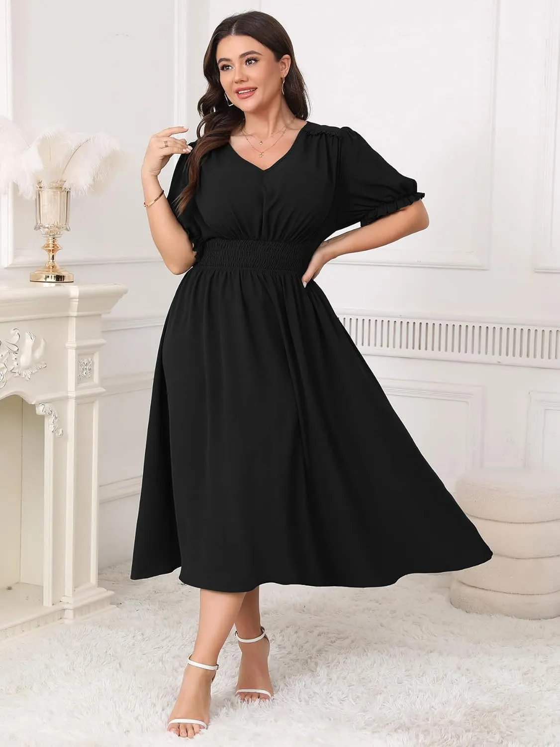 Women's Plus Size Midi Dress Short Sleeve V Neck Smocked Flowy A-Line Boho Wedding Party Dresses