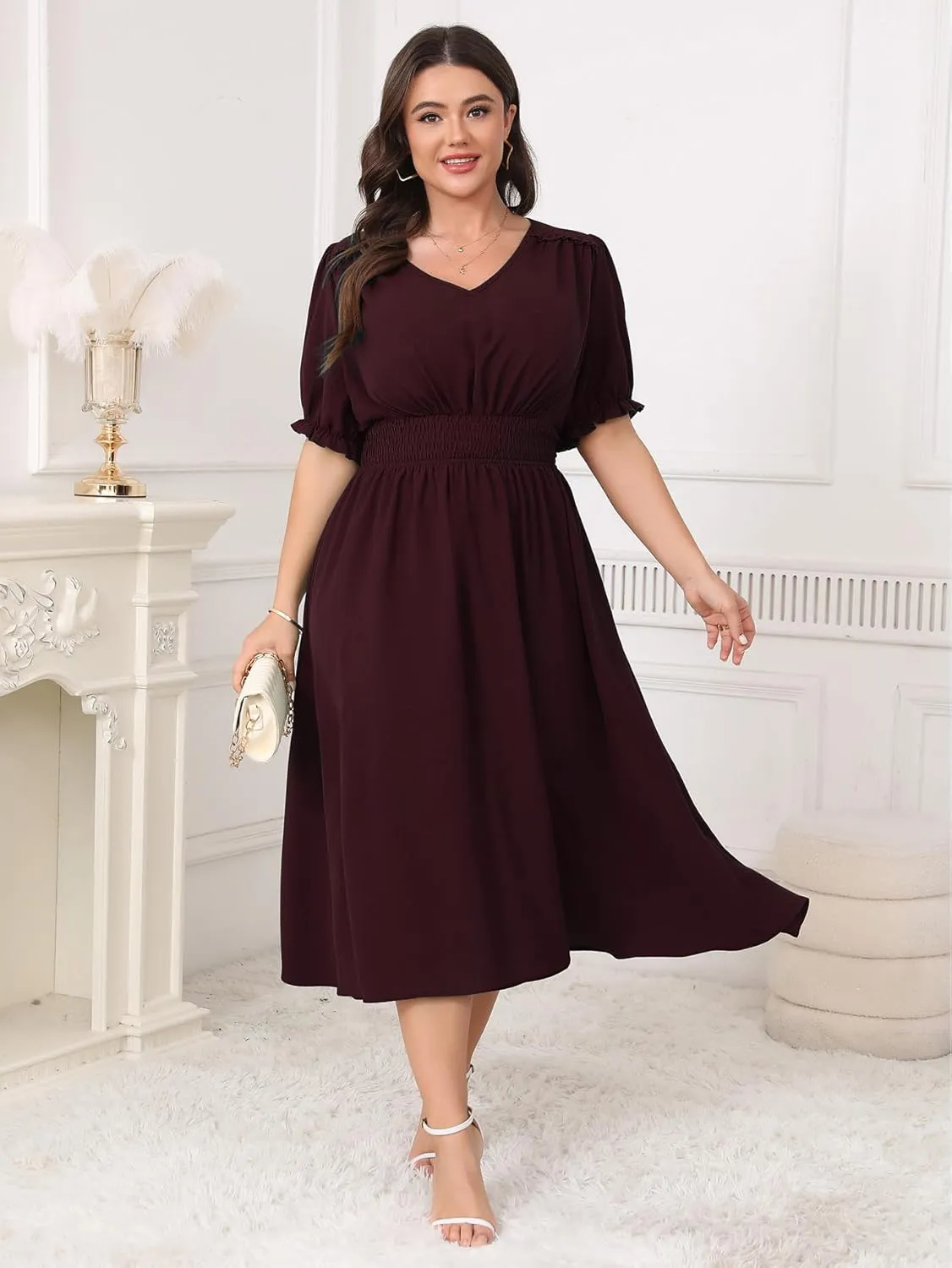 Women's Plus Size Midi Dress Short Sleeve V Neck Smocked Flowy A-Line Boho Wedding Party Dresses
