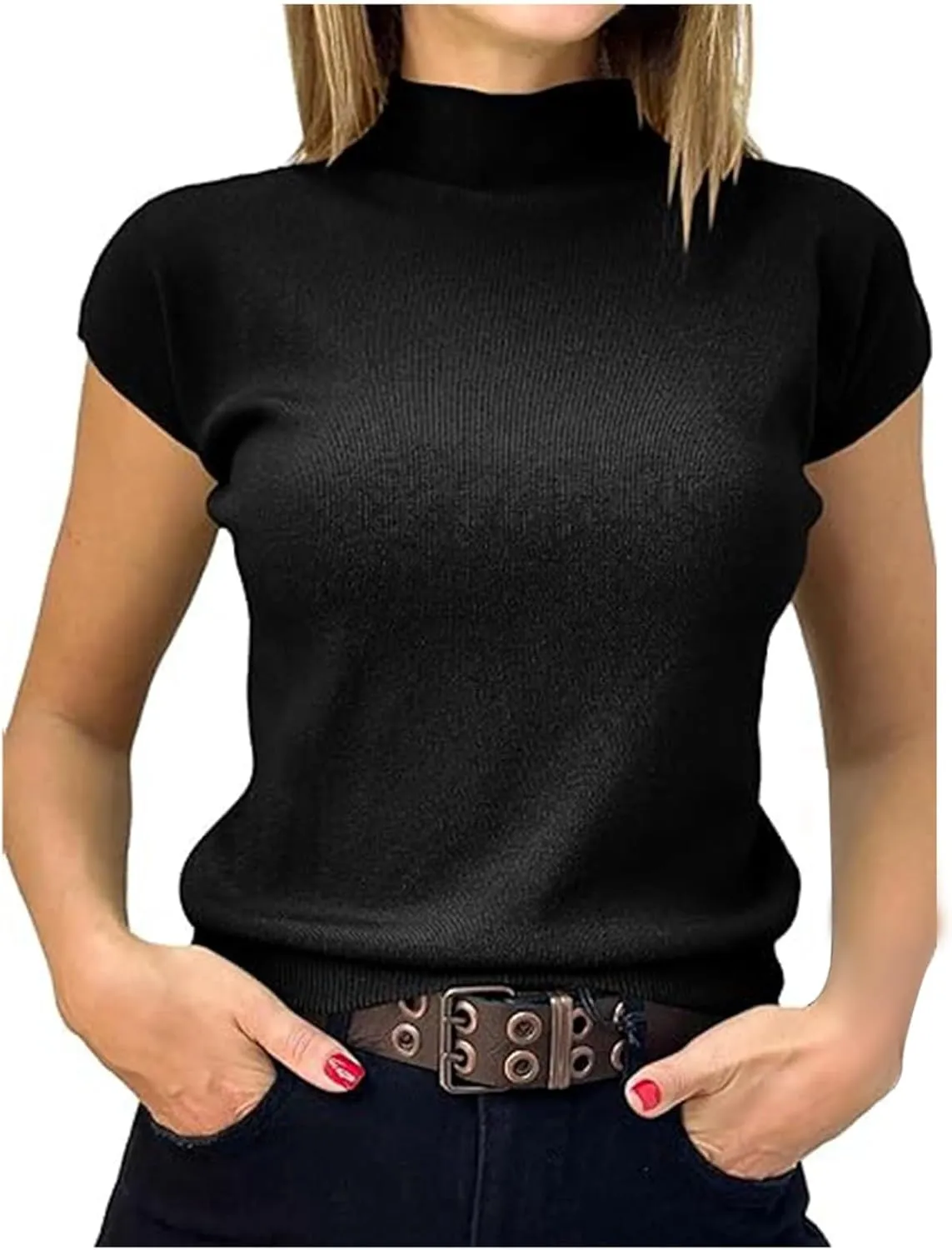 Womens Short Sleeve Sweater Mock Neck Summer Fashion Casual Basic Knit Slim Fitted Pullover Dressy Ribbed Tops Shirts