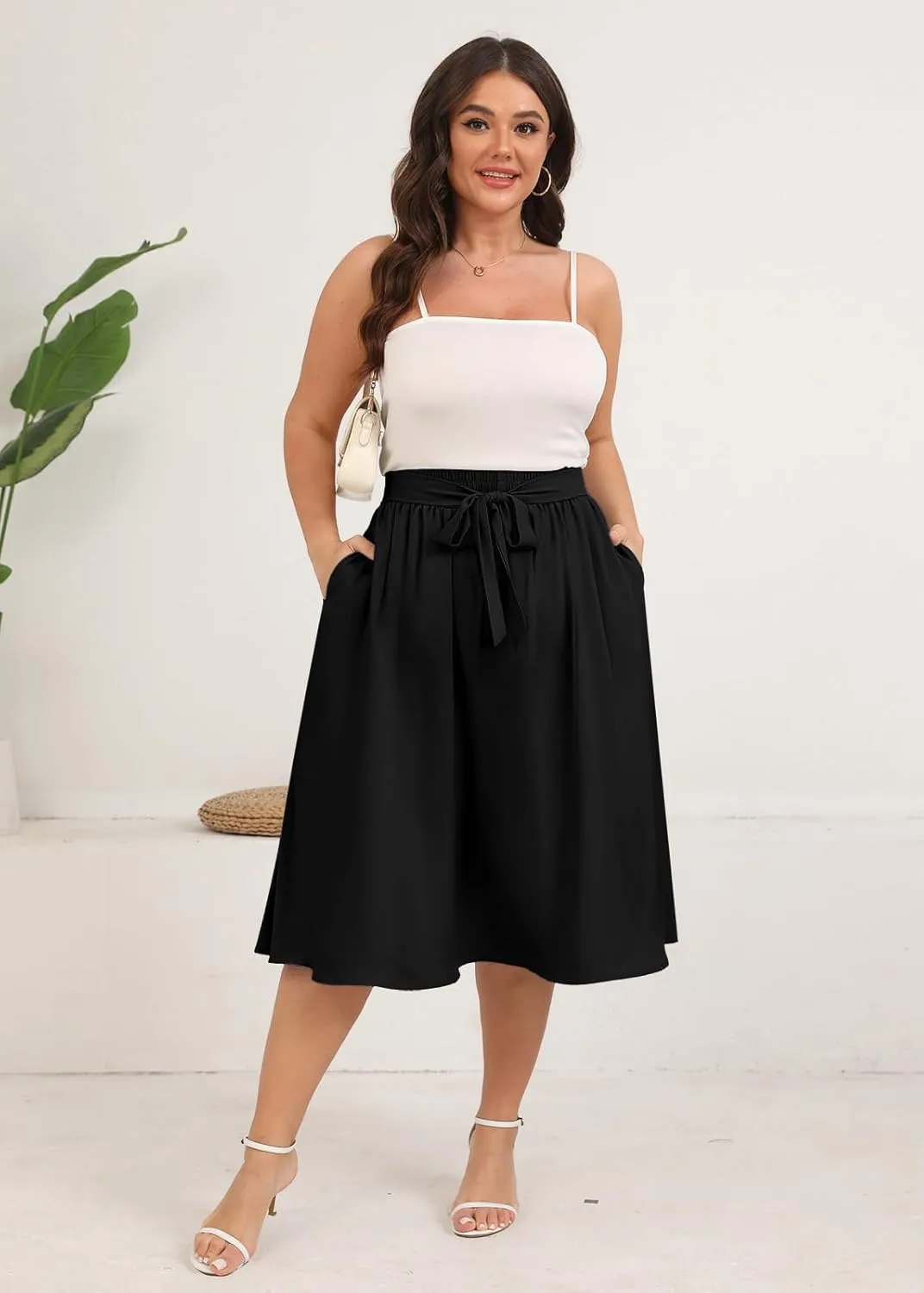 Xpenyo Womens Plus Size Midi Skirts Summer Elastic High Waisted Boho Casual Beach Flowy Swing Knee Length Skirts with Pockets