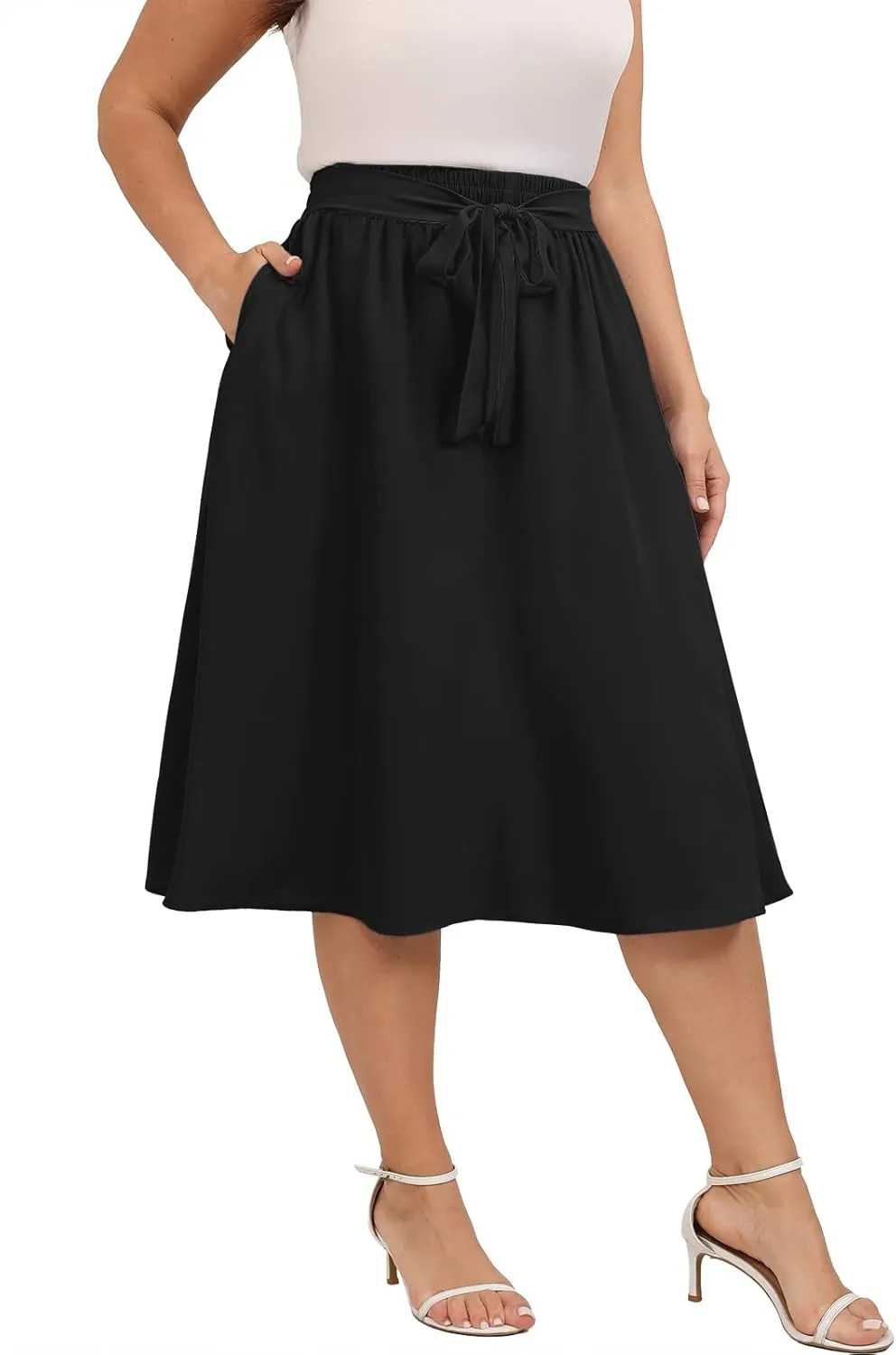 Xpenyo Womens Plus Size Midi Skirts Summer Elastic High Waisted Boho Casual Beach Flowy Swing Knee Length Skirts with Pockets