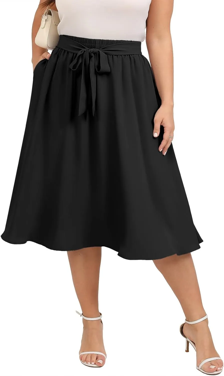 Xpenyo Womens Plus Size Midi Skirts Summer Elastic High Waisted Boho Casual Beach Flowy Swing Knee Length Skirts with Pockets