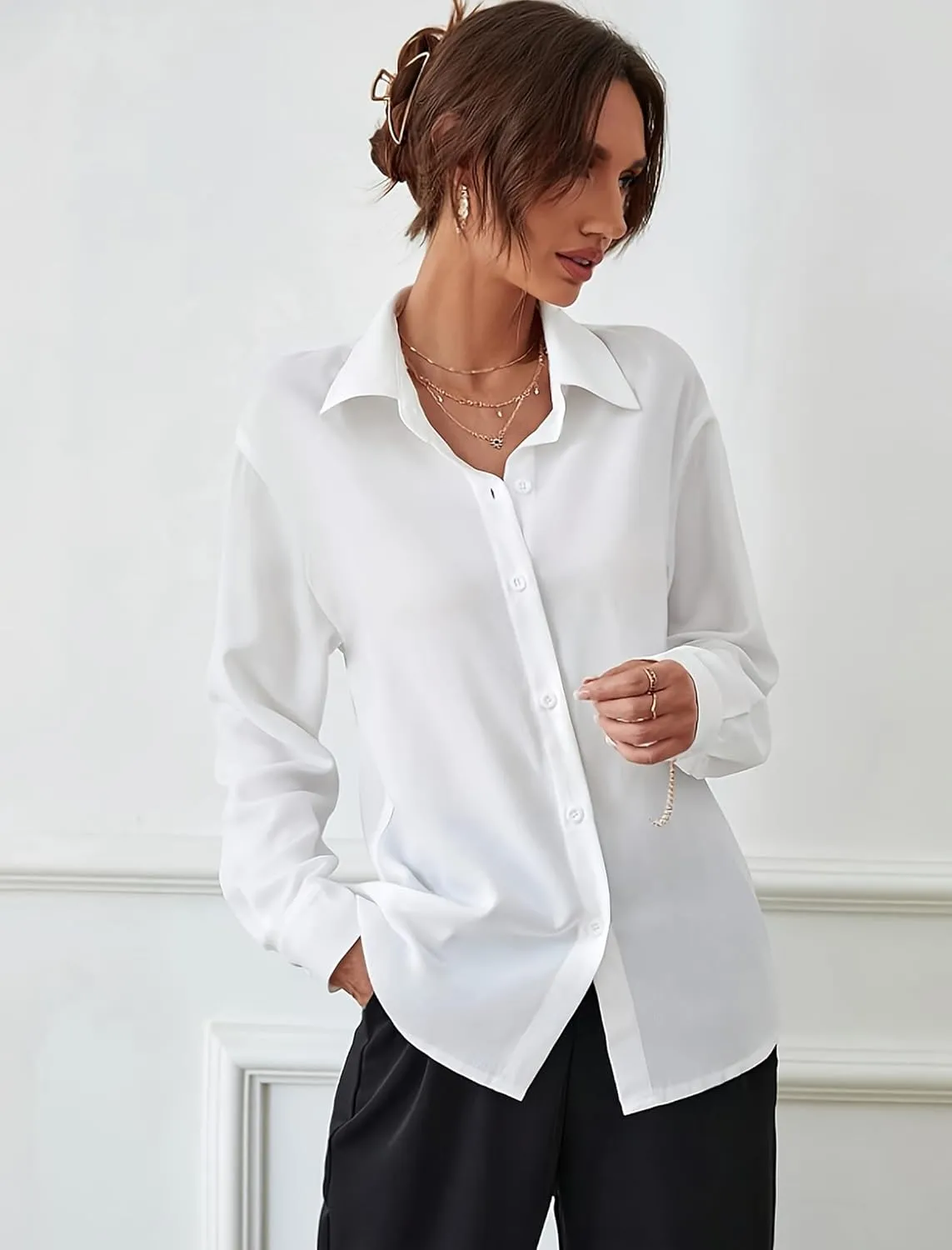 Zeagoo Womens Cotton Button Down Shirts Long Sleeve V Neck Collared Tops Work Office Blouse Shirt 2025 S-XXL
