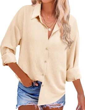 Zeagoo Womens Cotton Button Down Shirts Long Sleeve V Neck Collared Tops Work Office Blouse Shirt 2025 S-XXL